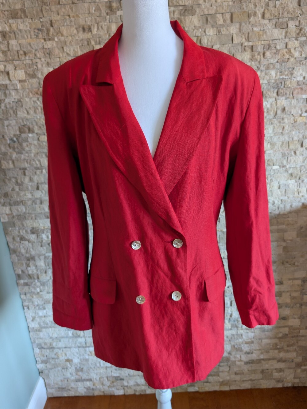 Vintage Red Silk Linen Tailored Blazer Jacket Shoulder Pads Buttons Sz 12